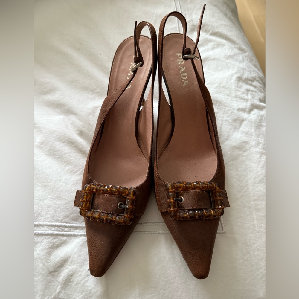 Vintage Prada Brown Slingback Pumps with Beaded Accents (Size 38.5)